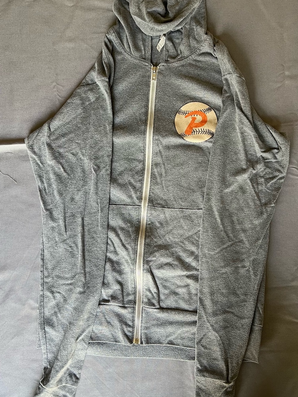 Bella Canvas Gray Zip-Up Hoodie with Baseball Patch and Orange Accent